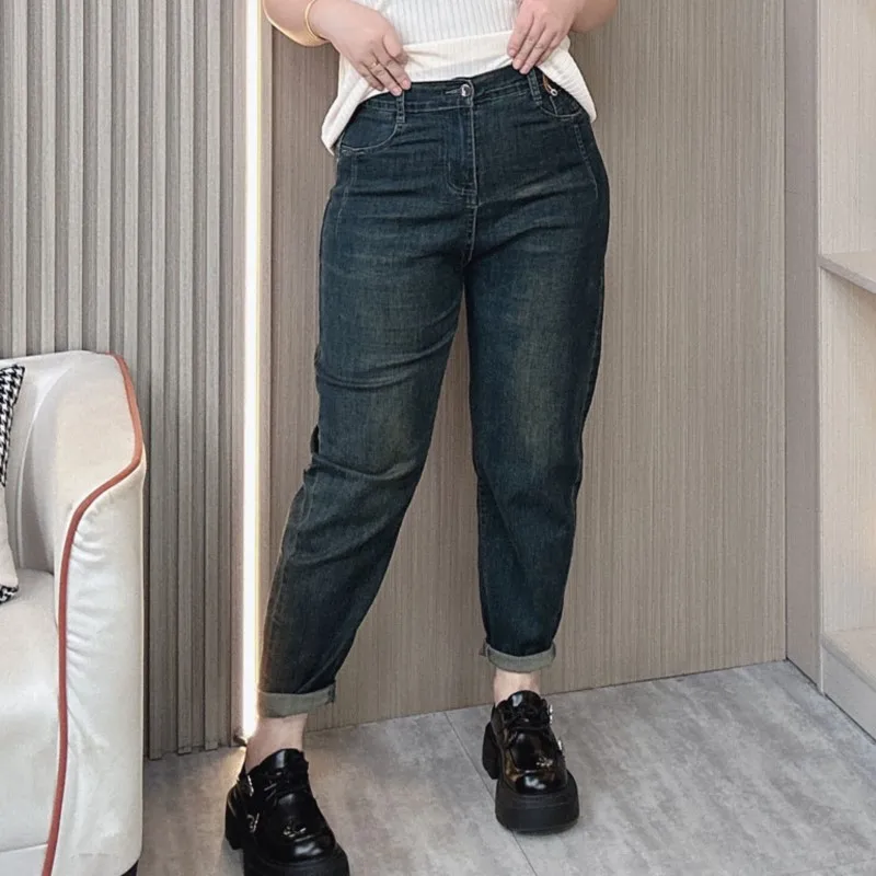 Plus Size Jeans Women Spring And Autumn 2024 New Loose High Waist Labels Stretching Ankle-Length Harem Pants