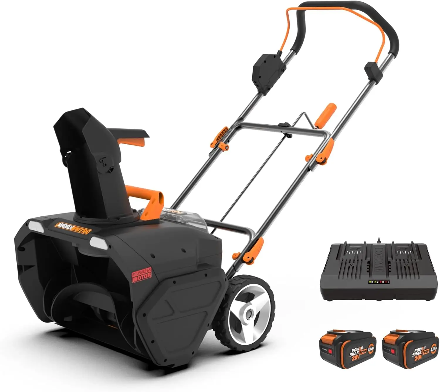 

Worx WG471 40V Power Share 20 Inch Cordless Snow Blower Brushless Motor Black Orange
