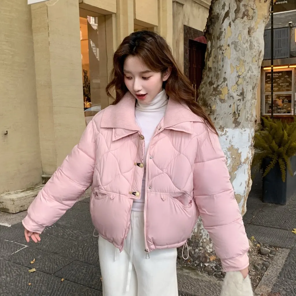 Jaqueta feminina curta de malha com padrão de diamante, ajuste solto, quente, estilo universitário, roupa externa de inverno