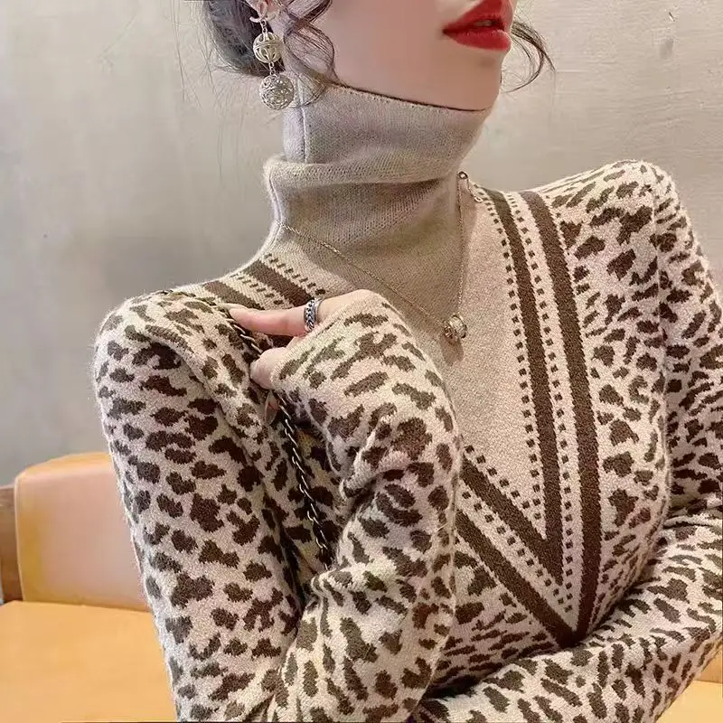 

Women's Clothing Fashion All-match Fake V-neck Knit Pullovers Autumn Winter New Casual Slim Long Sleeve Leopard Print Sweaters
