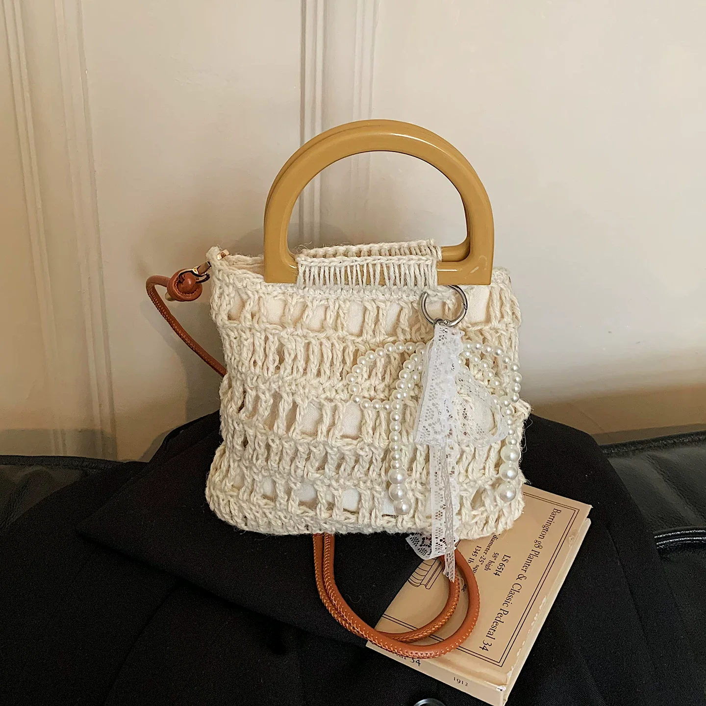 

Bohemian Style Hollow Out Knitted Bucket Bag Holiday Style Wooden Handle Crossbody Bags Beach Daily Casual One Shoulder Purse