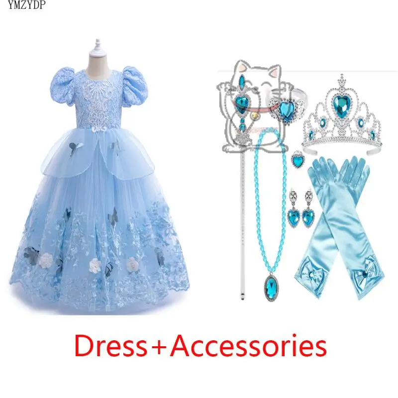 

Cinderella Role Playing Dress Lace Blue Princess Dress Girls Carnival Halloween Birthday Party Dress+Accessories