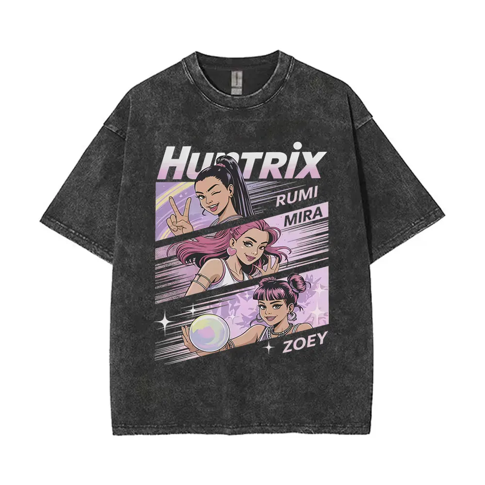 Washed Retro Kpop Demon Hunters Rumi Mira Zoey T Shirt Men Women Casual Cotton Vintage T-shirts Men's Cartoon Fashion Streetwear
