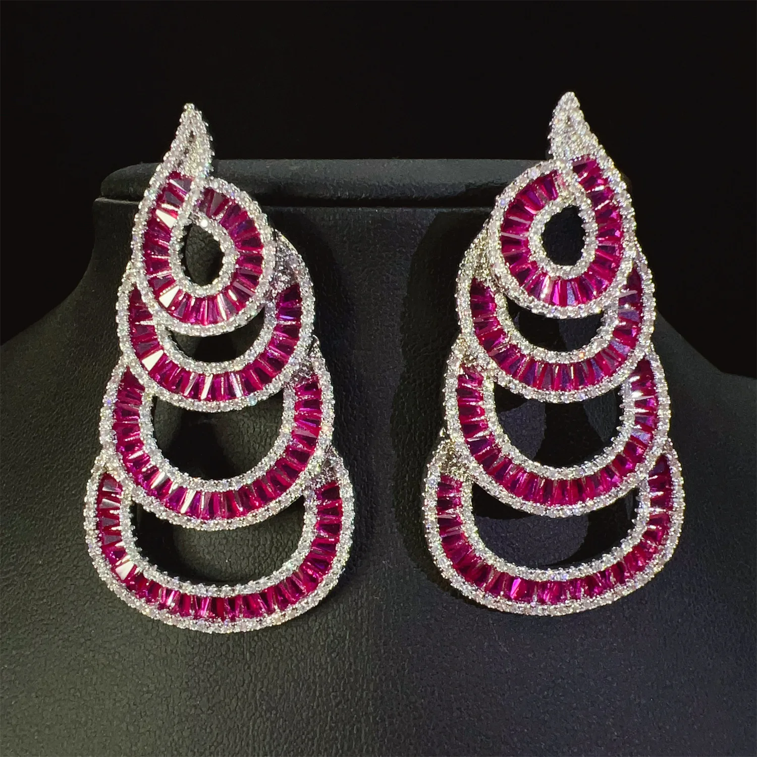 Classy Earrings Wedding Bride Luxury Jewelry zirconia white Pink Fushia Ruby Red Corundum Moon Circle Pendant Earrings women