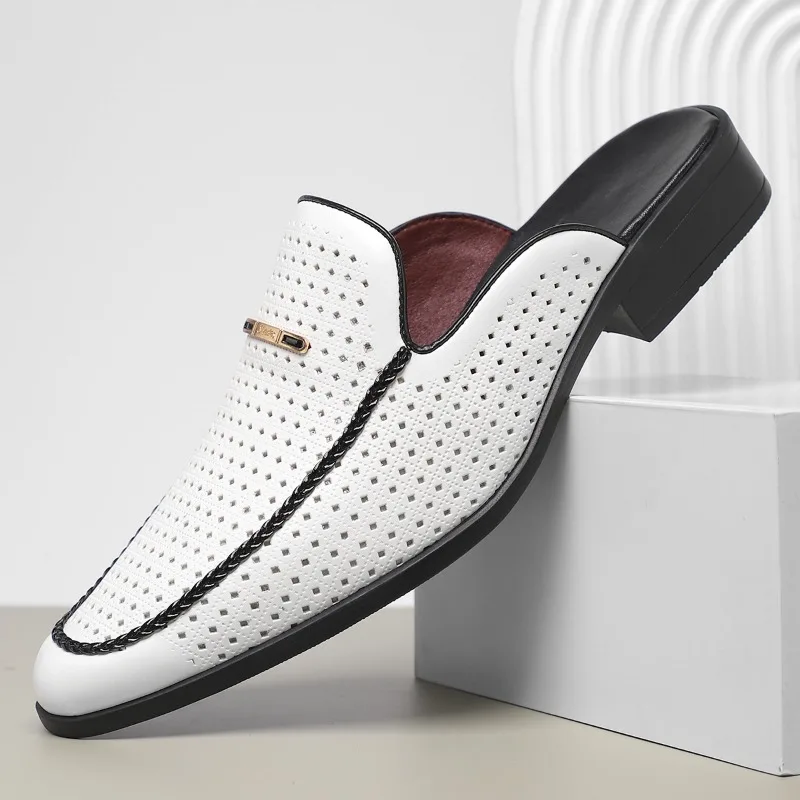 Men's Baotou Half Slippers Summer Hollow Out Breathable Casual Sandal Patent Leather Mules Slippers for Men Business Half Slides