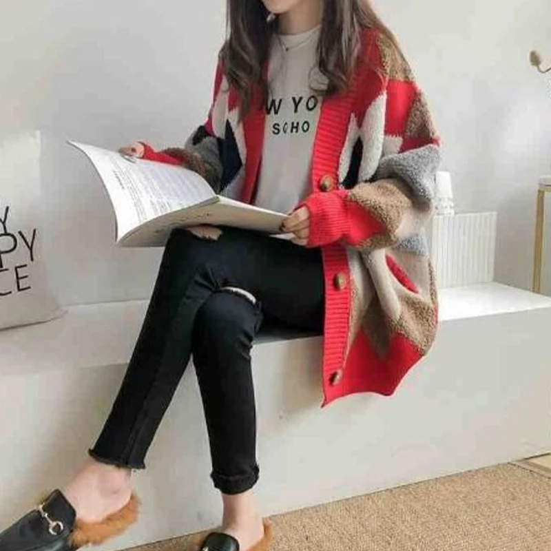 Cárdigan empalmado multicolor con rejilla de diamantes, chaqueta para mujer, Otoño Invierno, informal, calle, abrigo de punto holgado y cálido, Top