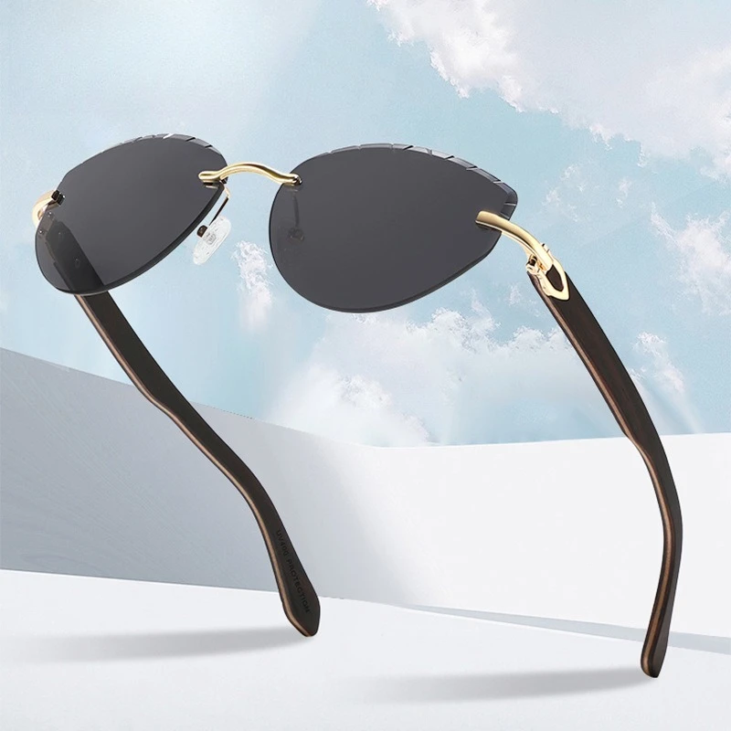 

Прямоугольные безободковые солнцезащитные очки «кошачий глаз» для женщин, ретро, с деревянными дужками, линзами с алмазной огранкой, защита UV400, модные очки, новинка 2026 года