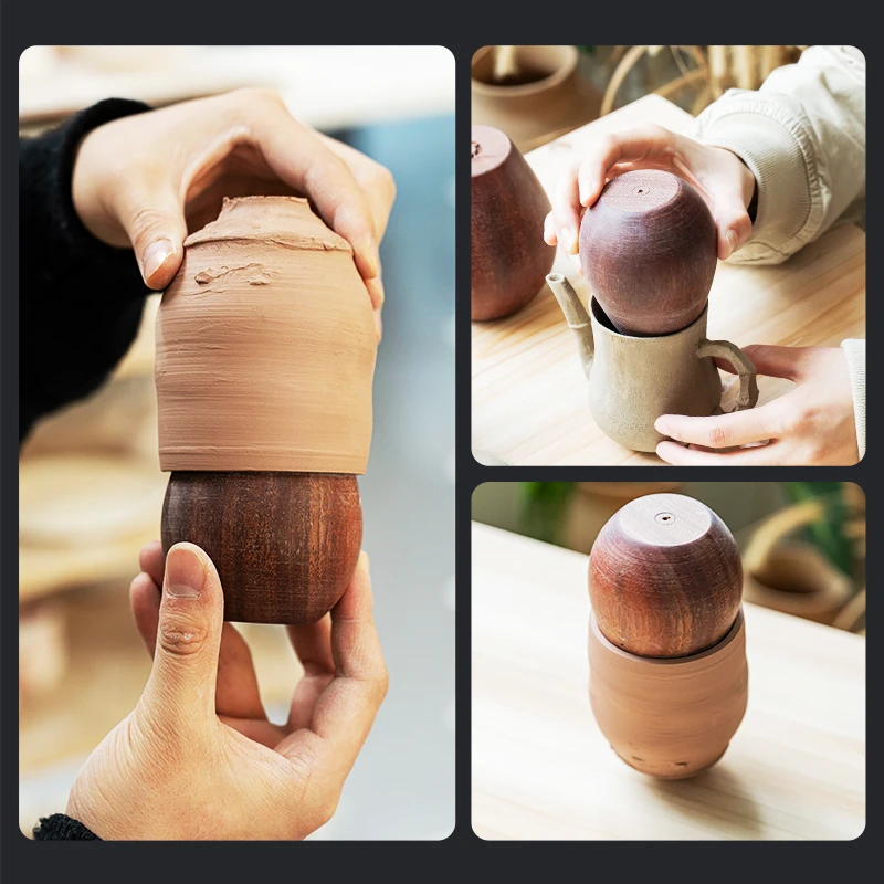 Töpferei-Teekanne aus lila Ton, rundes Mundstück, eiförmiges Werkzeug, Holzei, DIY-Herstellung, Keramik-Teekanne, rundes Mundstück, Hilfswerkzeug – Detail 10