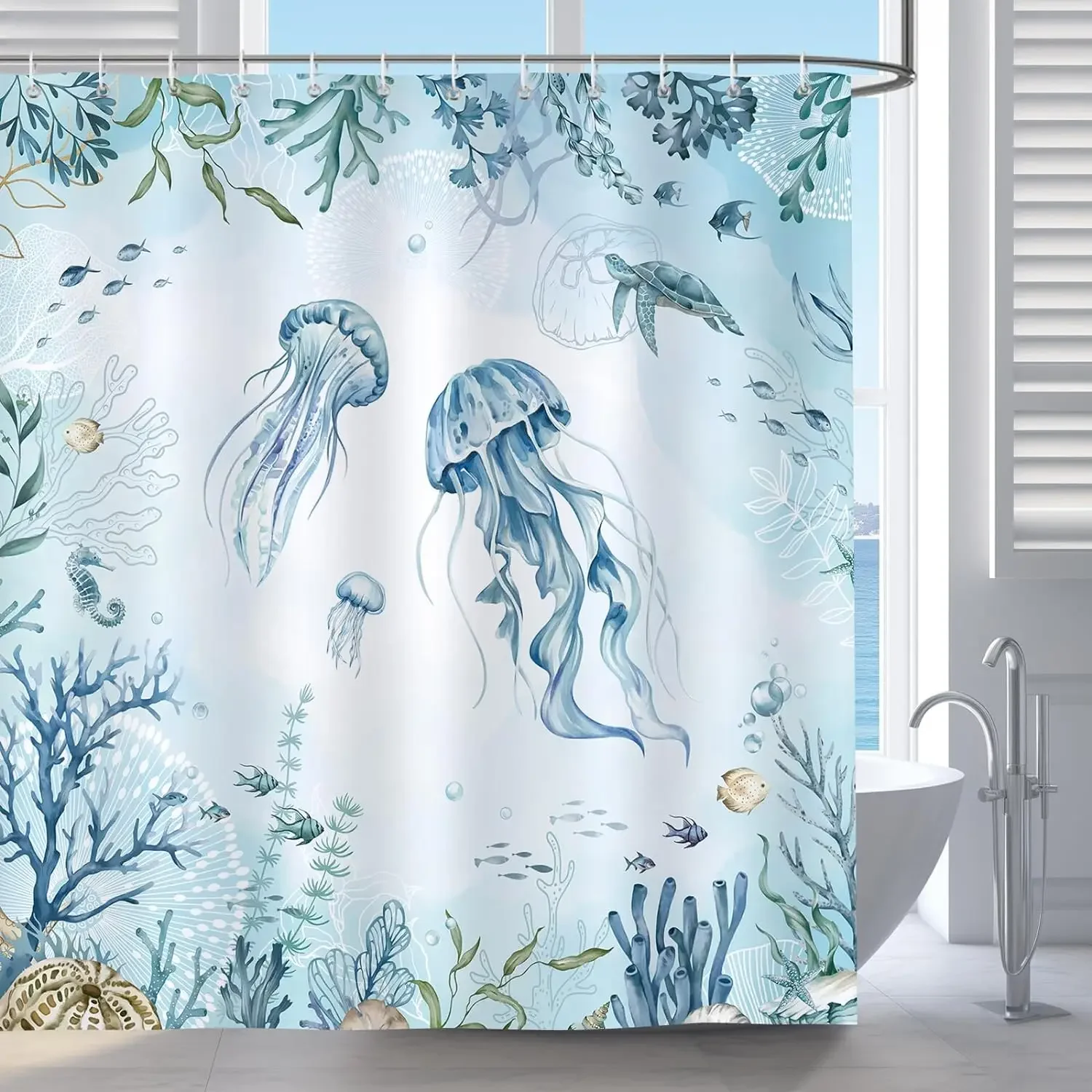 Nautical Coastal Jellyfish Shower Curtain Teal Ocean Underwater Sealife Coral Seahorse Sea Turtle Polyester Fabric Bath Curtains