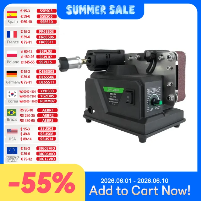 Allsome Mini szlifierka taśmowa, szlifierka elektryczna 180 W z 10 szt. Taśm szlifierskich 533*30 mm, odpowiednia do akumulatora Makita 18 V