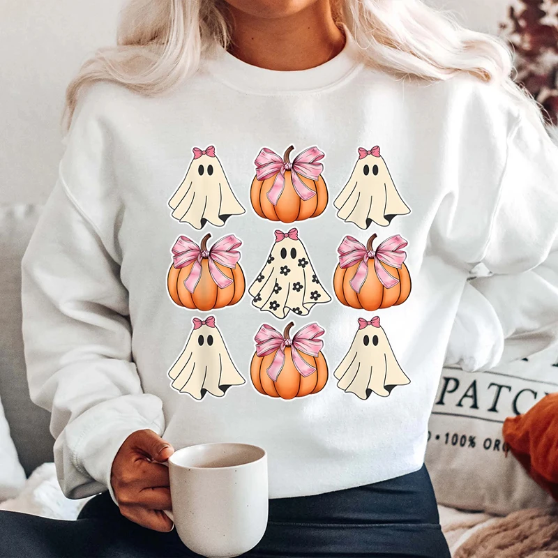 Halloween Sweatshirt hantu labu seram untuk wanita atasan Pullover bertudung leher bulat longgar kasual musim gugur dan musim dingin