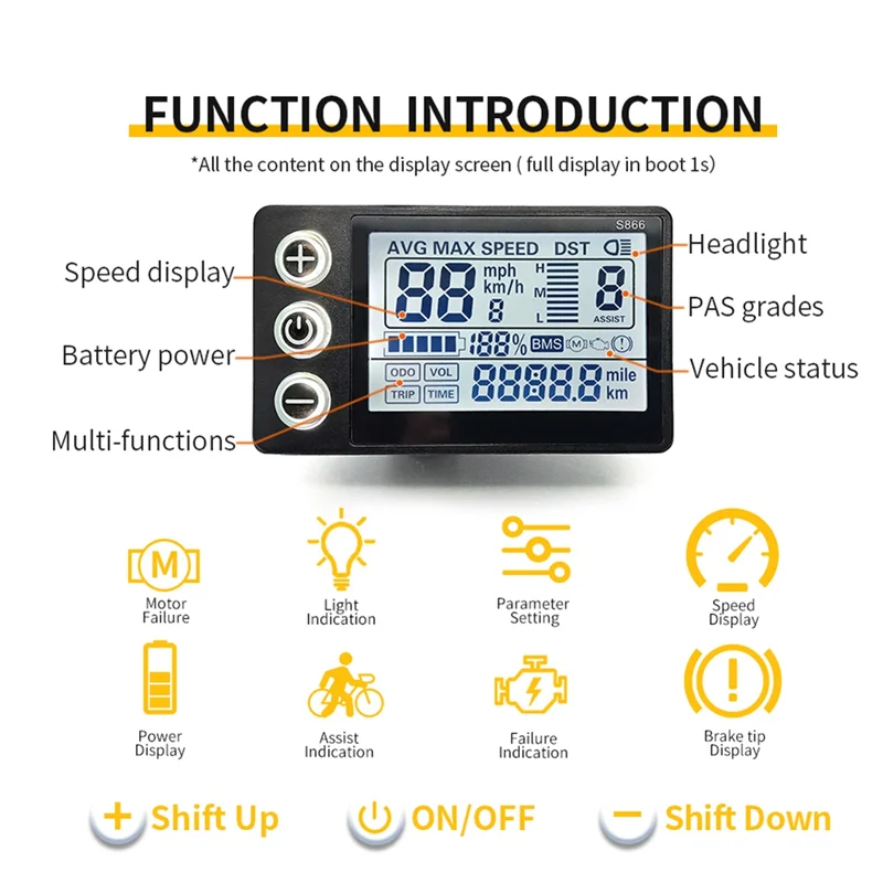 24V 36V 48V 60V Waterproof LCD Display S866 Controller Panel Dashboard Electric Bike Display for Electric Scooter( 5Pin)