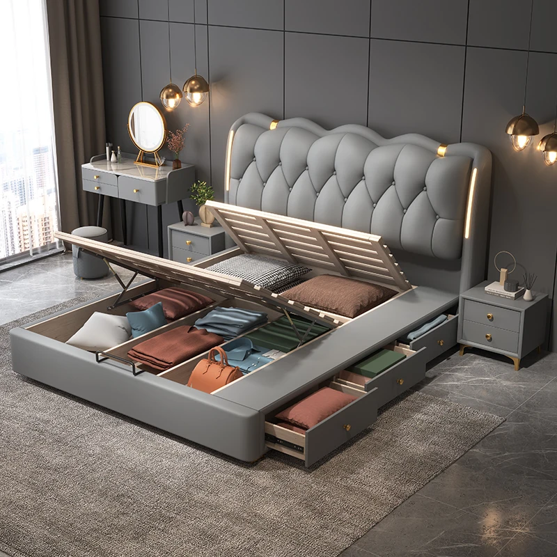 Gray Heavy Double Bed Couples Australia Elegant Style Luxury Double Bed Adults Storage Modern Cama De Casal Furniture For Home