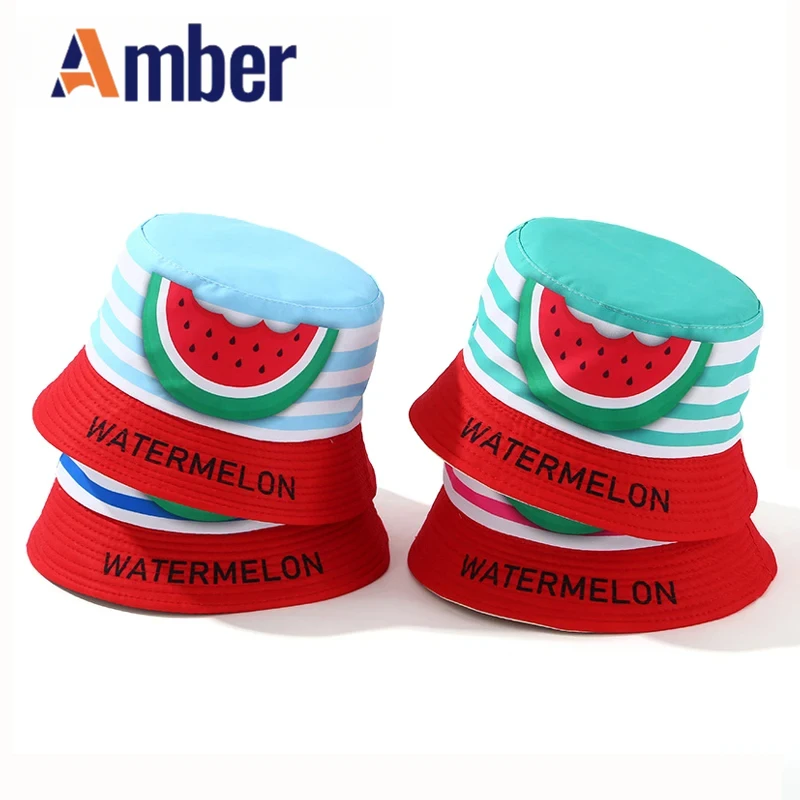 

Amber Cartoon Watermelon Bucket Hat Children Cute Fisherman Hats Boys Girls Kids Panama Cap Reversible Summer Outdoor Sunscreen