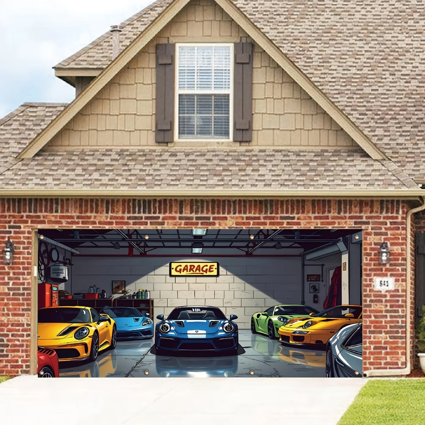1 polyester garage banner, sports car parking background, home decoration, suitable as an outdoor photography prop for festivals