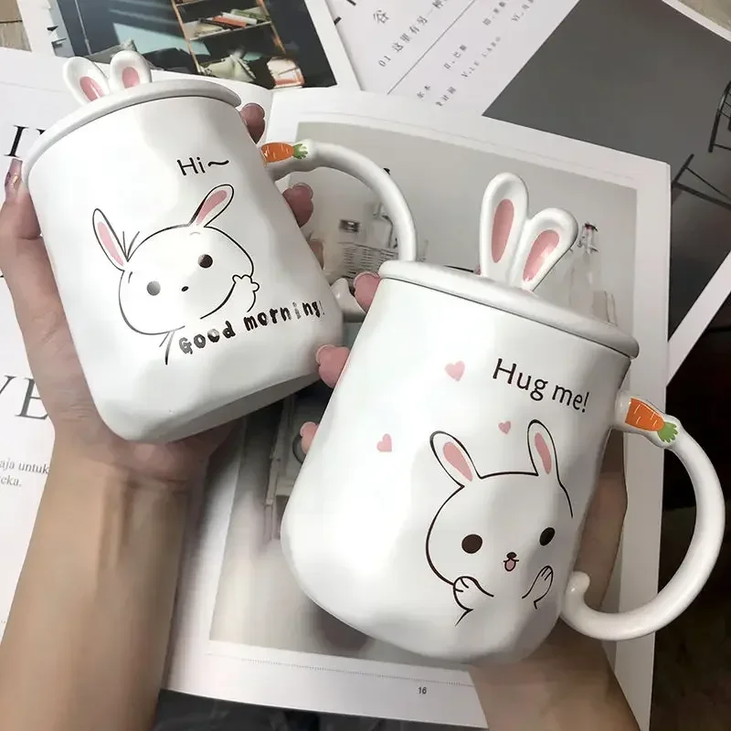 420ml Cartoon Rabbit Coffee Mug Creative Cute Couple Cup Milk Cup Ceramic Cup Office Cup with Lid Spoon Girl Gift Frida Kahlo