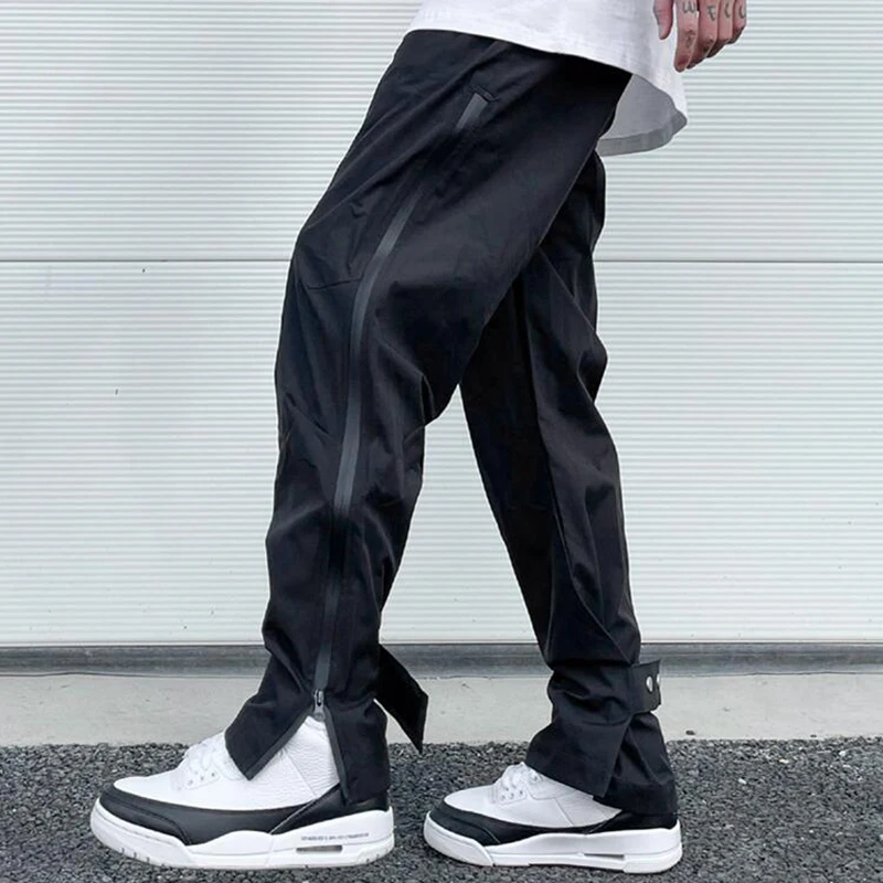 High Street Zipper Pockets Quick Dry Vibe Style Mens Track Pants Elastic Waist Straight Retro Black Casual Trousers