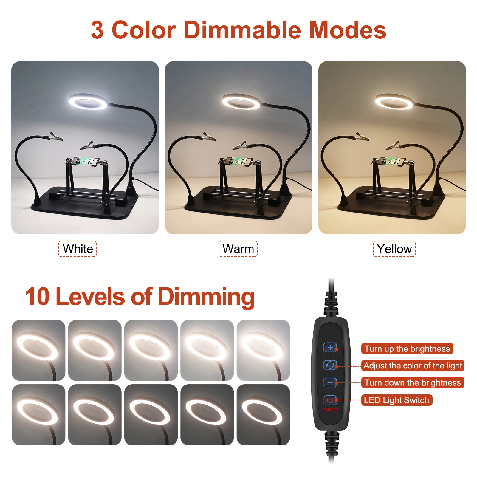 Toolour Soldering Helping Hands Tool with 5X LED Magnifying Glass Third Hand Soldering Iron Holder 360 Degree Flip PCB Holder