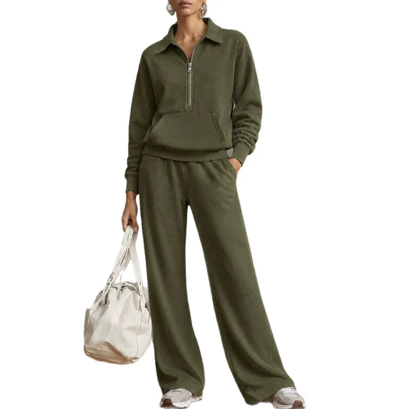 2026 Sweatshirt Two-piece Suit Women's Casual Sets Autumn Half-zipper Pullover Short Coat Straight Trousers Loose 2-piece Sets