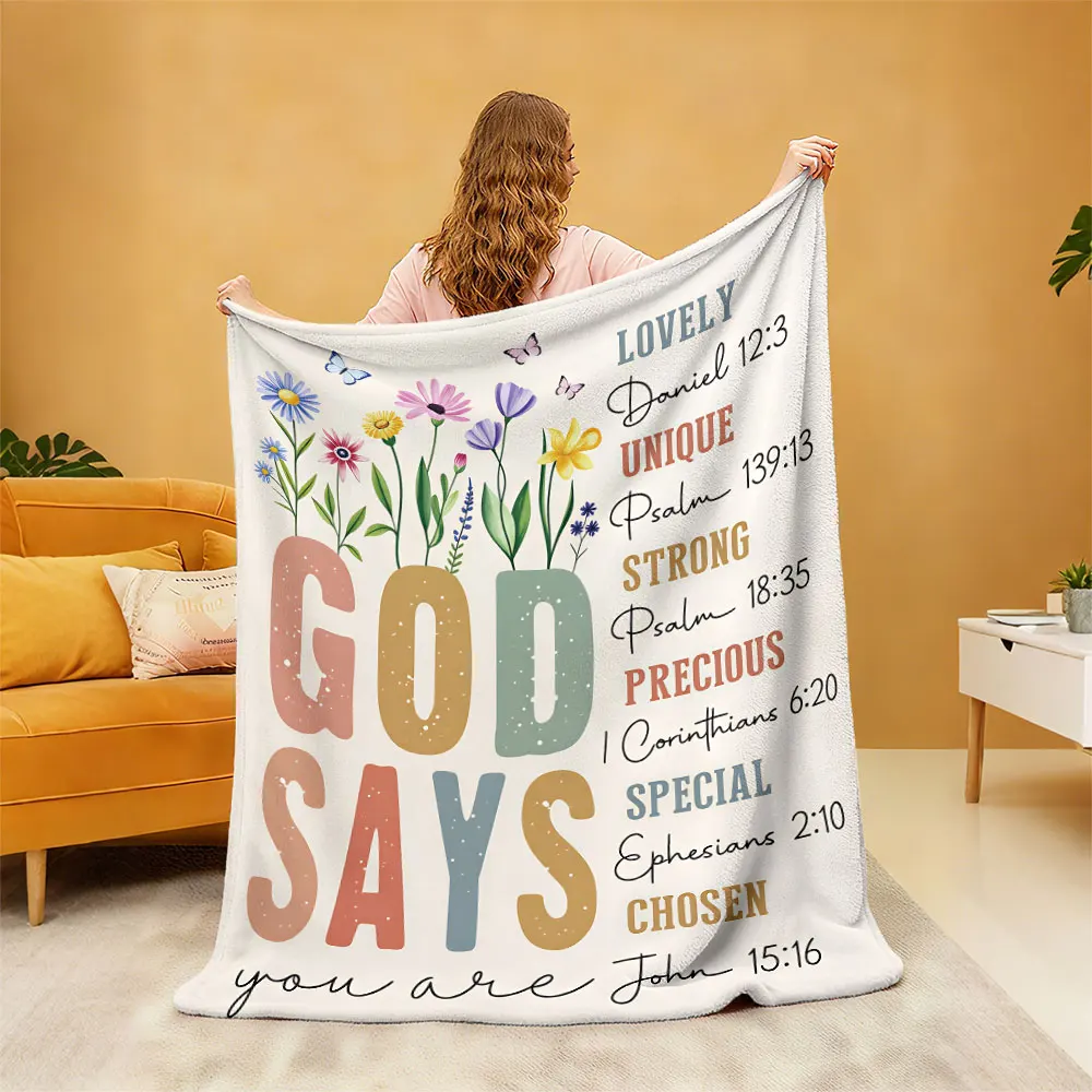 1pc God Says Floral Scripture Slogan Flannel Blanket Soft Cozy Throw Blanket For Sofa Nap Leisure Religious Home Decor Gift