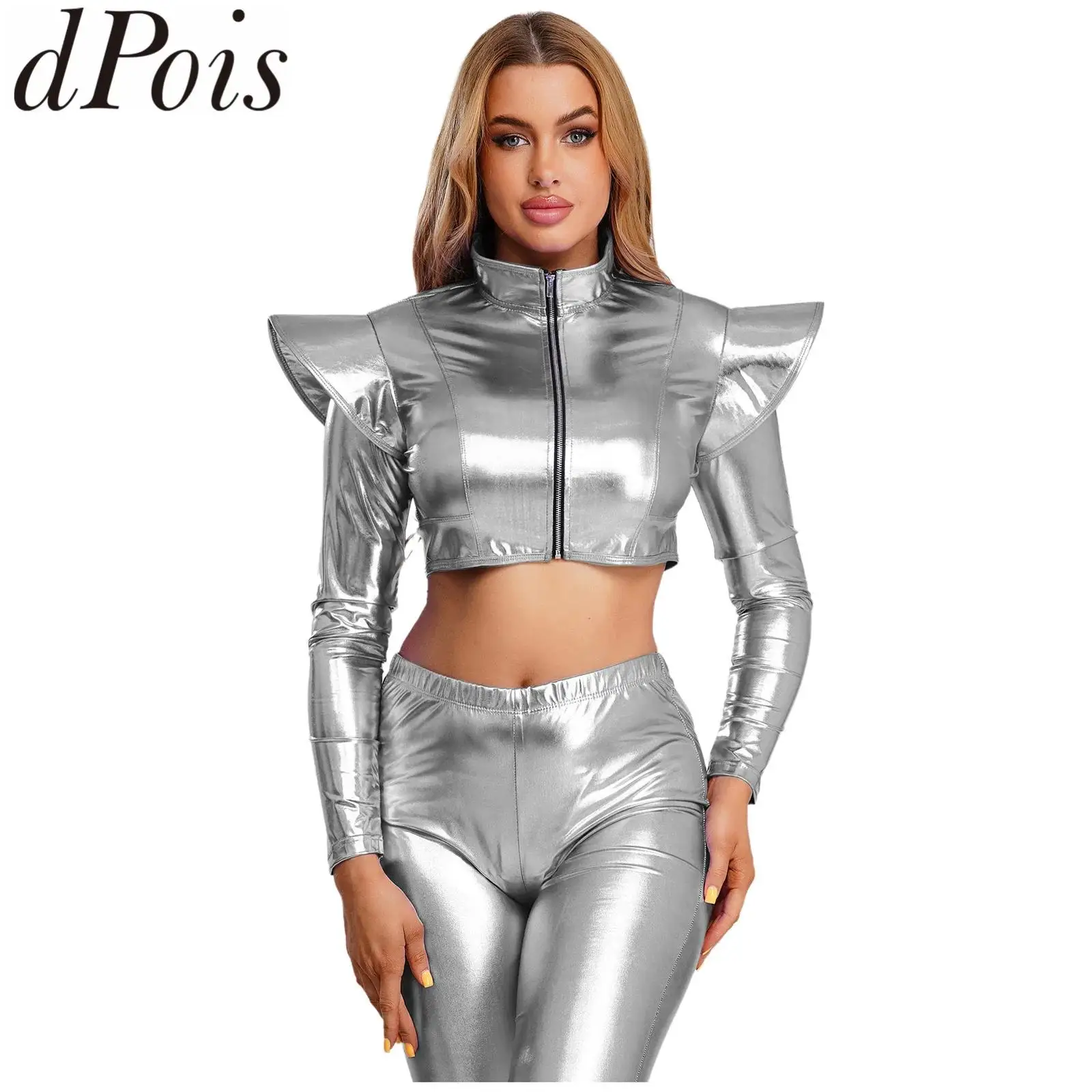 Womens Iridescent Metallic Crop Jacket Long Sleeve with Structured Shoulder Boards Front Zipper Crop Top for Club Raves Party