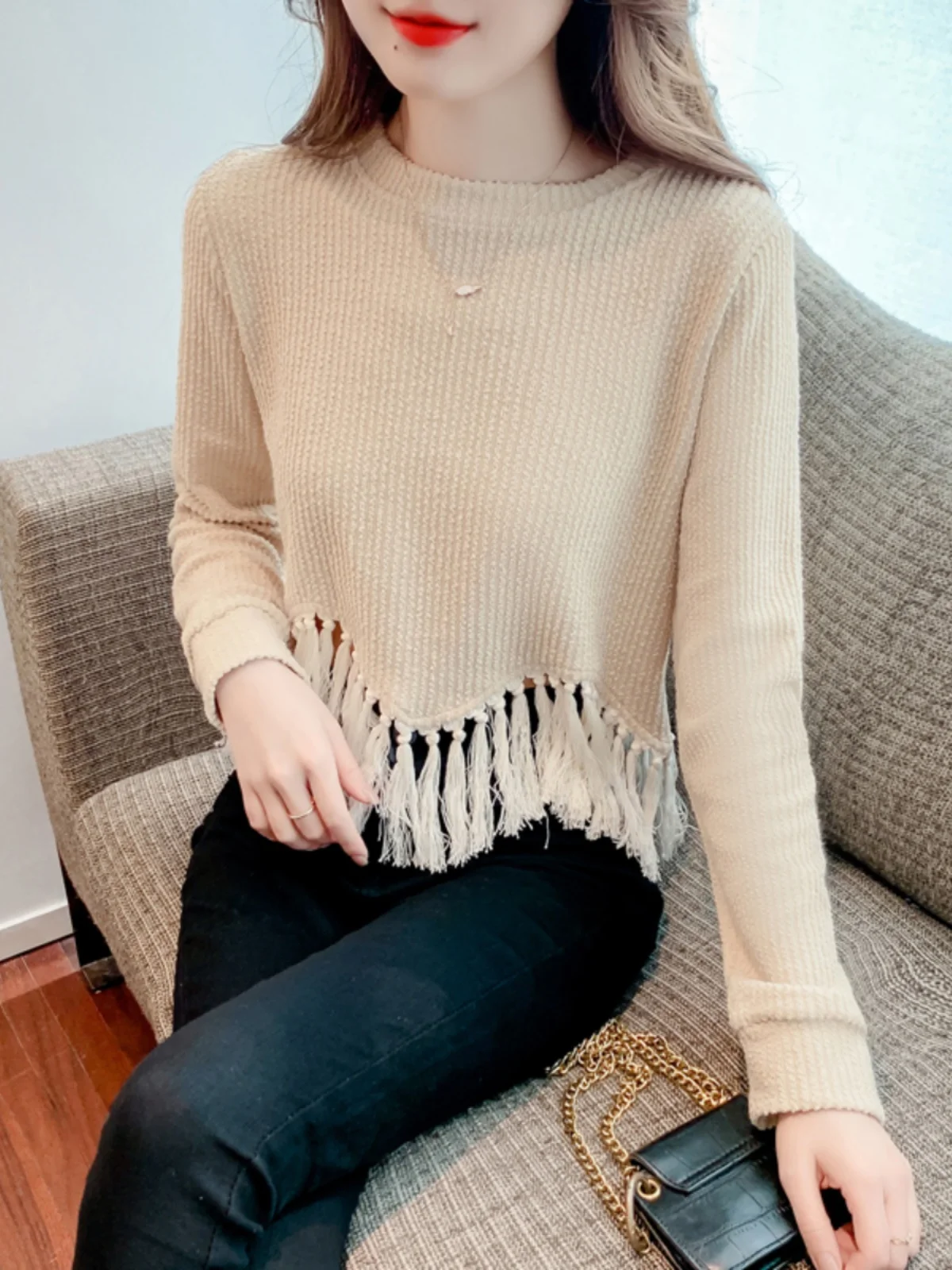 

Sweaters Jumpers Pullovers Womens Pullover Tops Y2K Cute Sexy Pattern Autumn Fringe Nature Ombre Fur Collar Tonal Fall Warm Wild