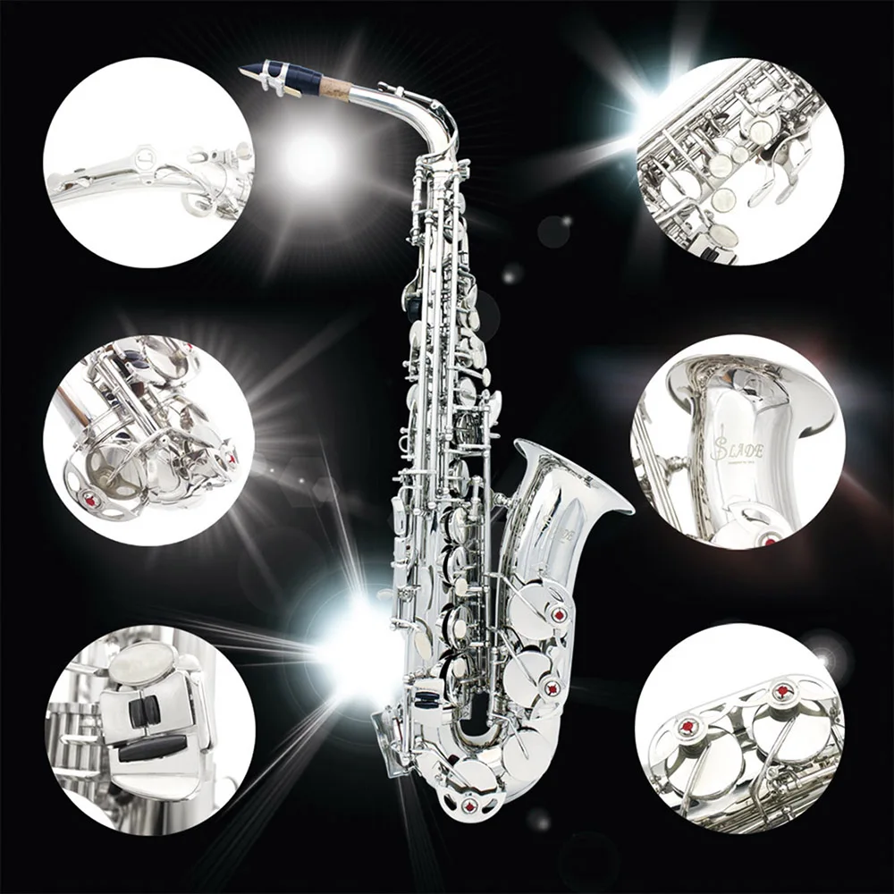 SLADE Eb Alto Saxophone Silver E Flat Brass Body Carved White Shell Button Sax with Case Strap Gloves Reeds Accessories Set