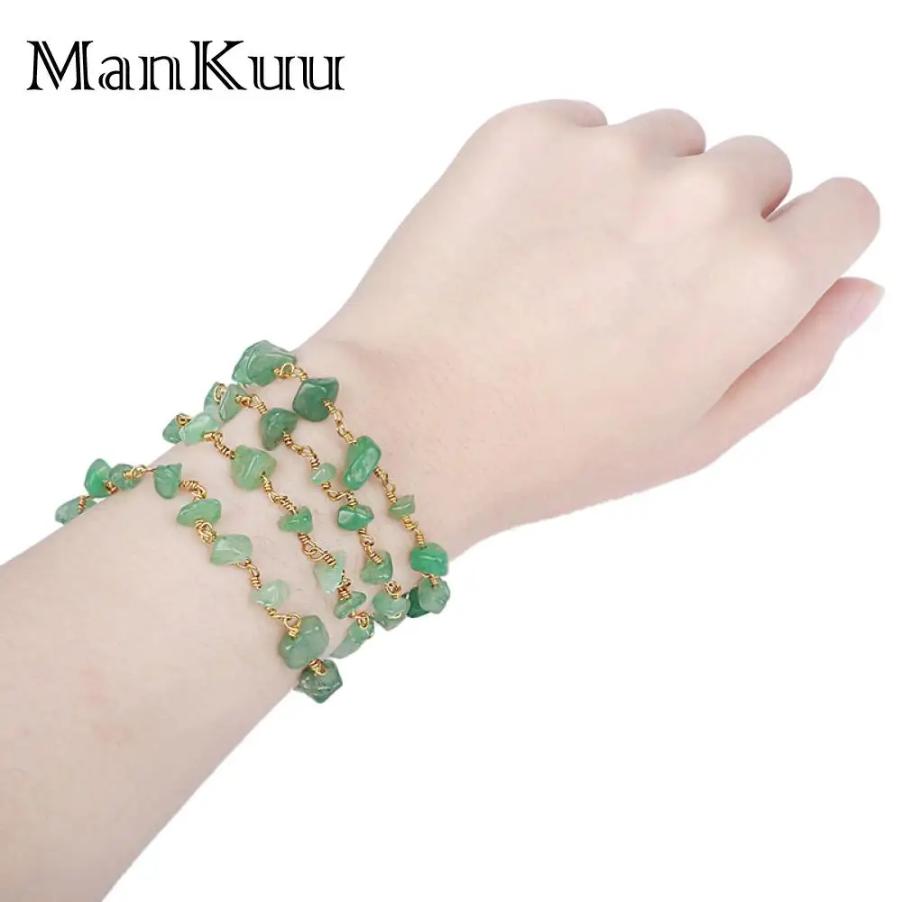 Mankuu DIY Gold Plated Brass Wire Wrapped Aventurine Rondelle Bead Nugget Chips Beads Link Rosary Chains Jewelry Findings 5m