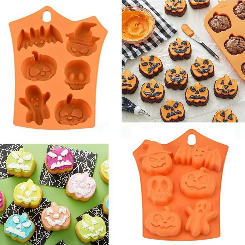 6 Holes Pumpkin Cake Biscuit Candy Halloween Silicone Mold Skull Bat Spider Trick Or Treat Kid Halloween Party Model Decor ﻿