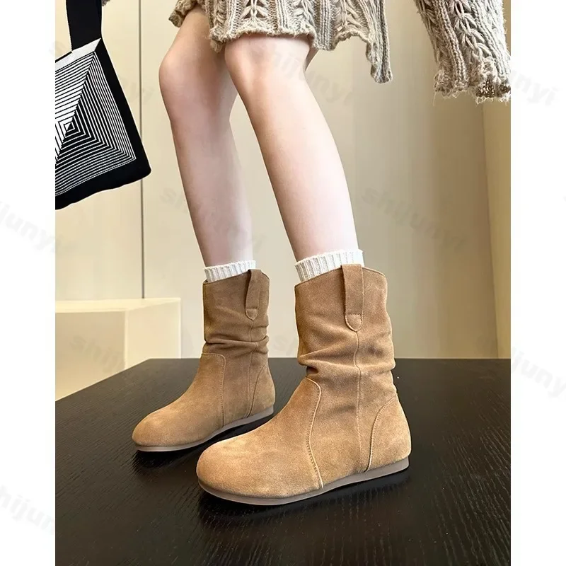 Vintage Faux Suede Wedge Enkellaarsjes voor Dames 2025, Herfst Winter Warm Pluche Platte Hakken Korte Laarzen Vrouw Slip op Cowboy Botas