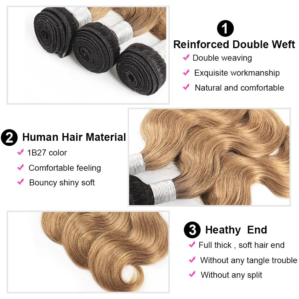 Brazilian Body Wave Bundles With Closure 1B/27 Blonde Remy Hair Bundles With Closure Ombre Colored Hair Bundles With Closure