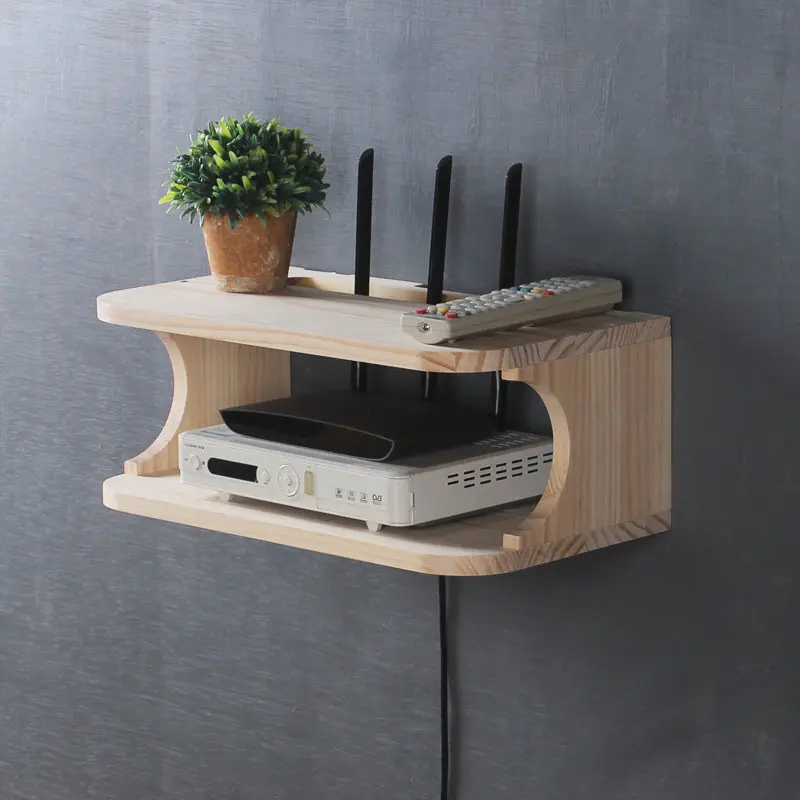 Solid Wood Wall Mounted Set Top Box Organizer Bedroom Cable Management Rack with Hidden Design Space Saving WiFi Router Solution