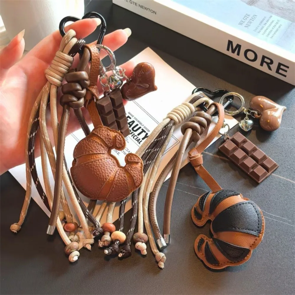 New Braided Rope Croissant Keychain Bread Shape Heart Bag Pendant Leather Chocolate Bag Charms Ornaments Bag Decoration