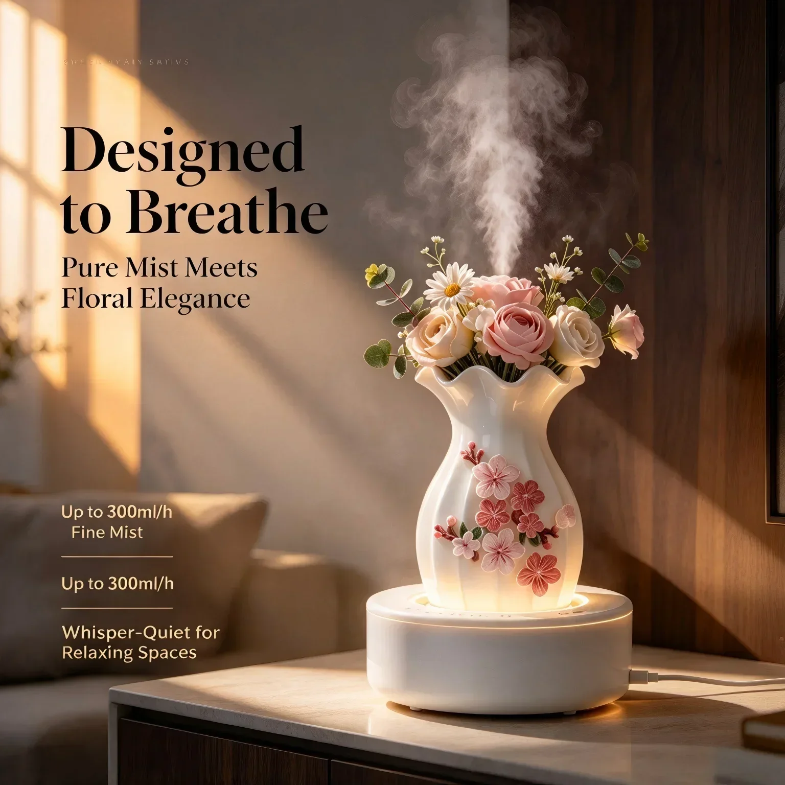 Vase Shape Air Humidifier Aroma Diffuser with 7-Color Night Light Ultra Quiet Mist Sprayer Desktop Moisturizer for Office Bedroom Study Room Decor