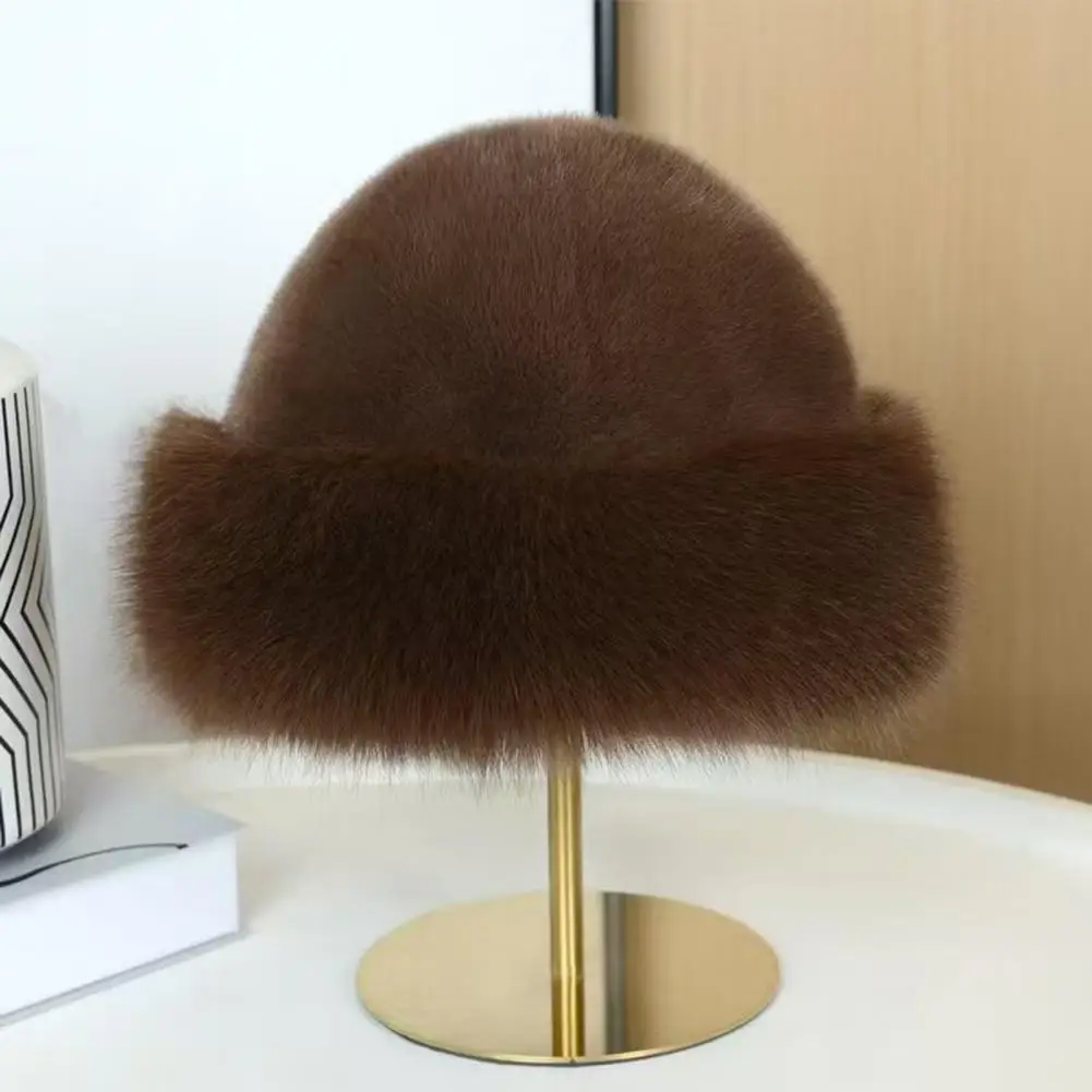 Plush Bucket Hat Faux Fur Winter Bucket Hat Thickened Plush Headwear Soft Texture Warm Solid Color Cap for Weather Gentle Feel