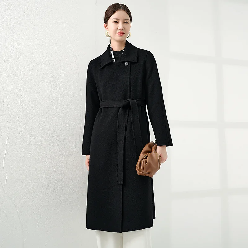 Lined with 100 pure cashmere coat, women's medium and long front shoulder Korean back thick high-quality woolen coat