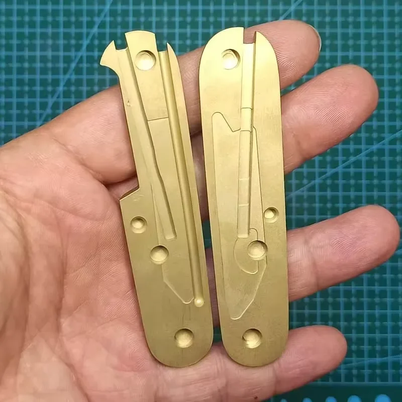 1Pair Brass Knife Handle Scales  with Tweezers Toothpick Ball Point Pen Slot for 91 mm Victorinox Swiss Army Knives