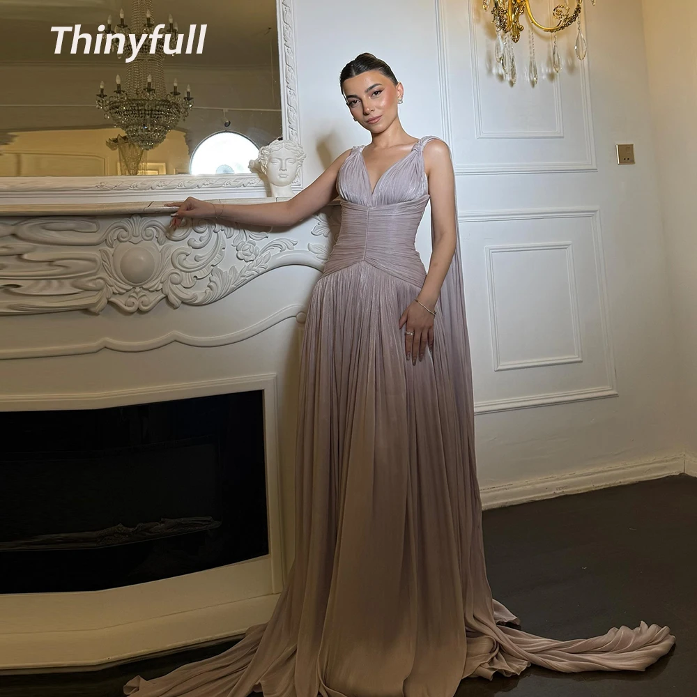 

Thinyfull Glitter A-line Arab Prom Dresses Sleeveless V-neck Evening Gown 2026 Formal Occasion Dress robes de soirée Customized