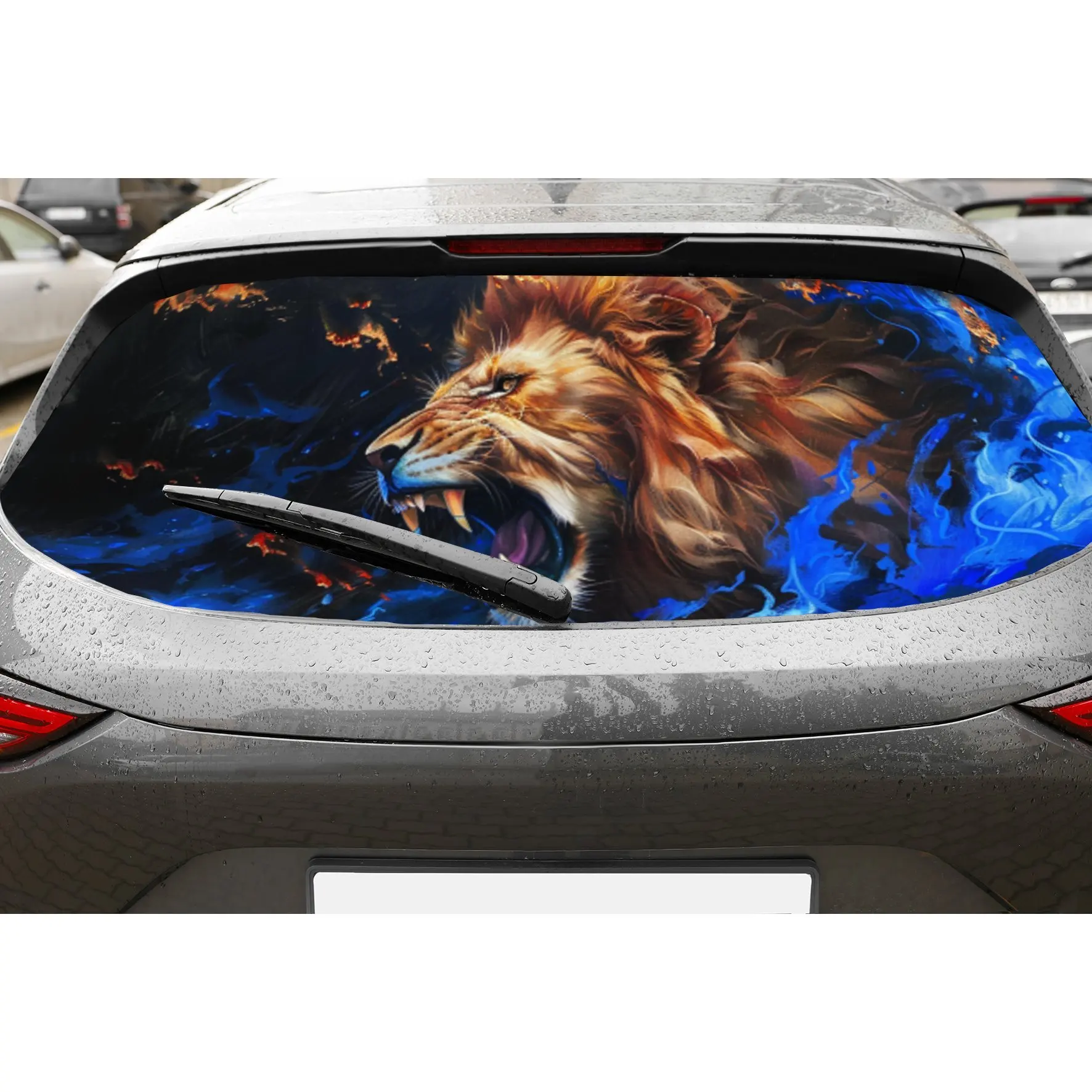 

Dominant Blue Flame Lion PVC Perforated Car Vinyl Wraps, Privacy Enhancing Design for Rear Window, Car Rear Windshield Sticker f