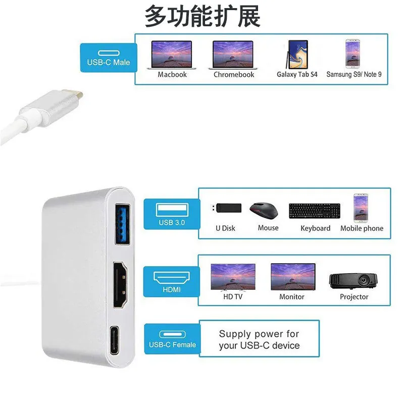 3 In 1 Usb-C Usb Hub Male To Female Hdmi-Compatible 4k Usb 3.1 Type-C To Usb 3.0 Charging Adapter For Macbook Air 12 Converter