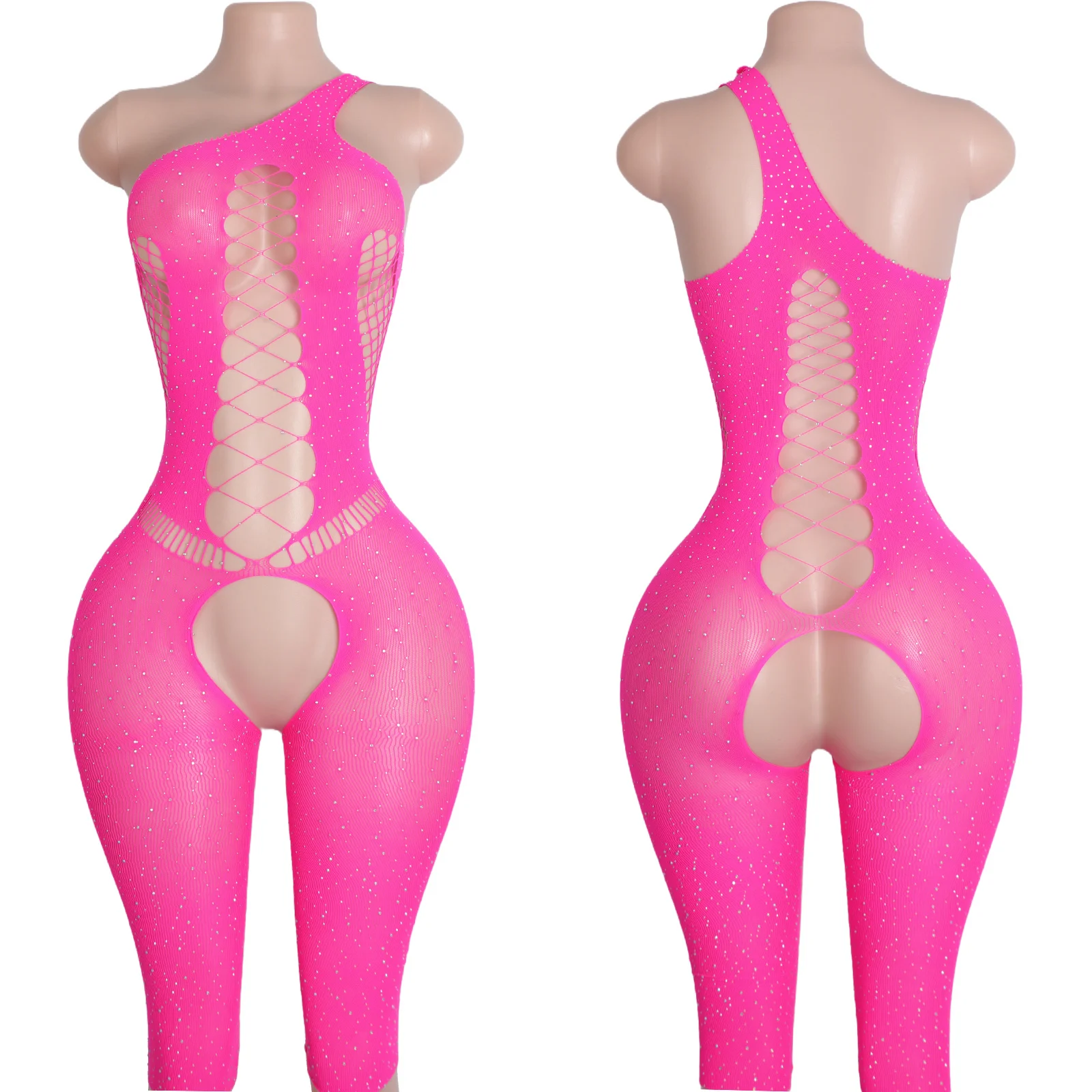 

High Cut Fishnet Bodysuit Glamorous Rhinestone Details Women Club Performance Dancewear Exotic Outfits Stripper Wholesale Trend