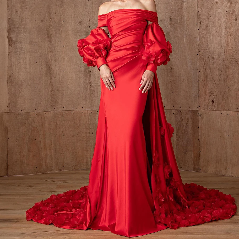 

Luxury Satin Straight Off the Shoulder Detachable Sleeve Flowers and Crystal Evening Dress Floor Length Boat Neck Panel Train