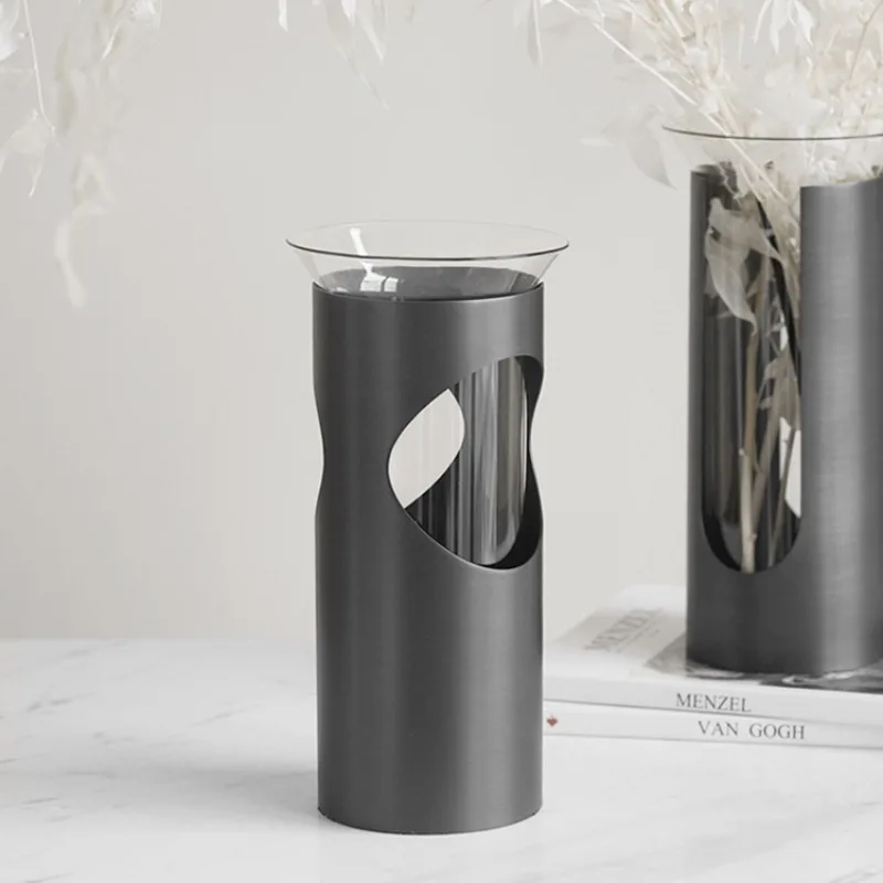 Simple modern metal glass vase ornament, villa flower arrangement decoration, hotel and homestay soft decoration