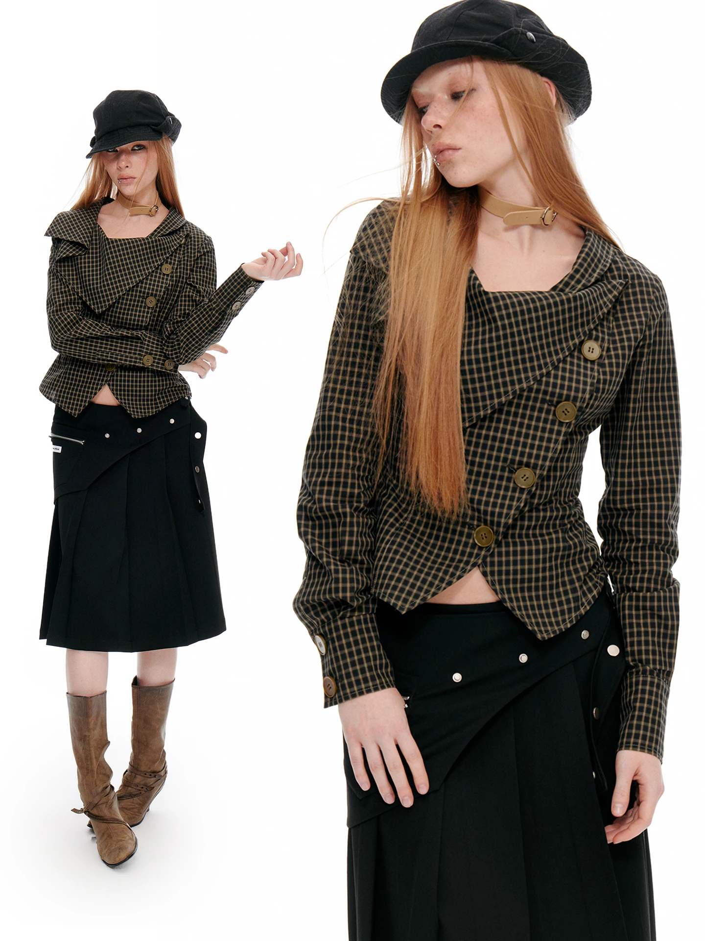 

JIKOO American Retro Plaid Short Fit Women's Shirt Large Collar Asymmetrical Breathable Thin Cotton Long Sleeve Button up