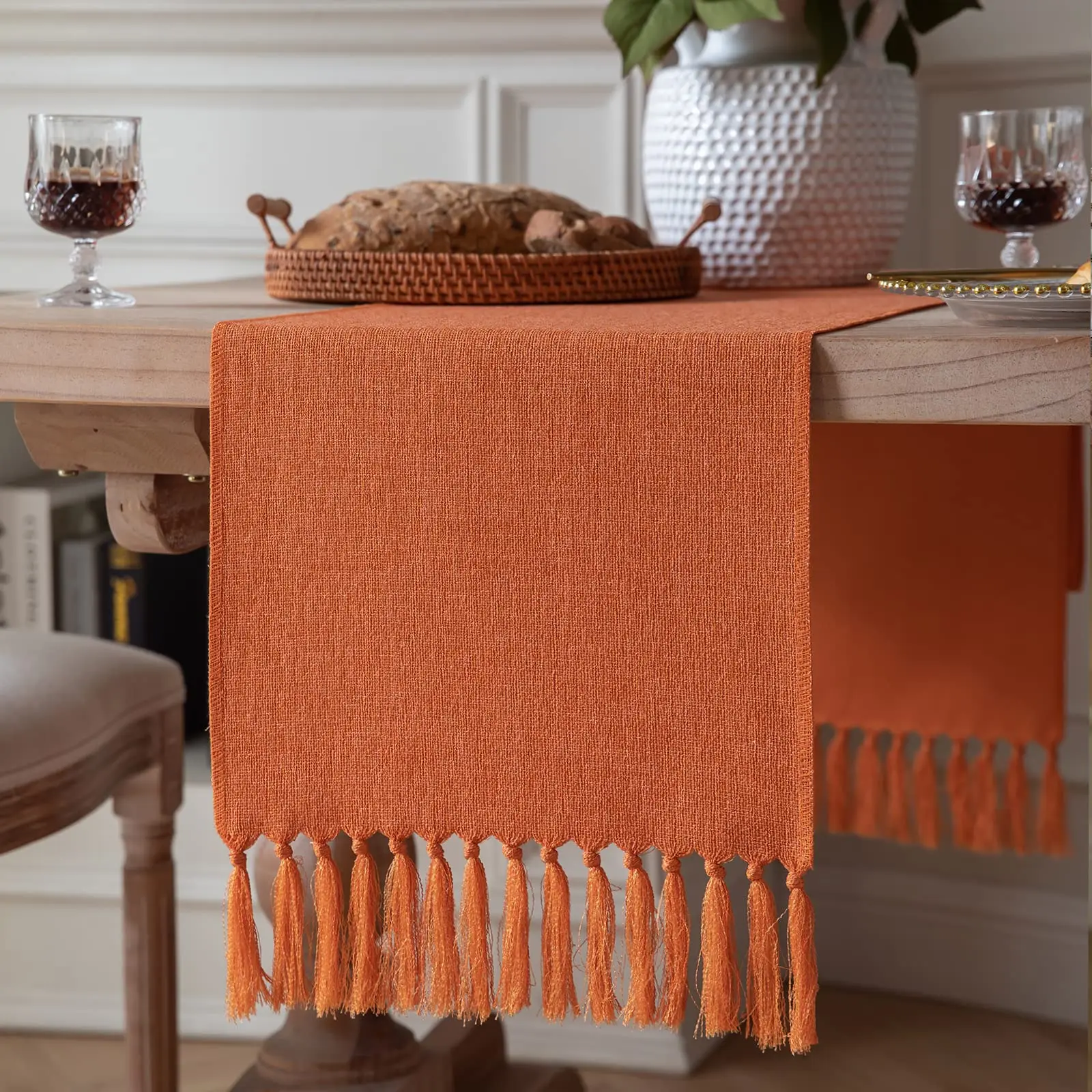 

Burlap Linen Style Rustic Farmhouse Fall Tassel Table Runner, Boho Linen Blend Table Runner for Holiday Dinning Table Decor