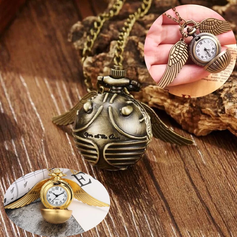 Harry Potter Pocket Watch Snitch Wings Necklace Vinyl Figure Toys Creative Vintage Pocket Watch Bronze Small Pocket Watch Toys