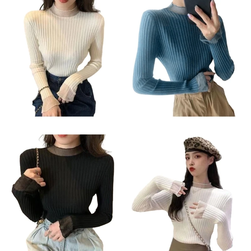 

Women's Long Sleeve Mock Neck Ribbed Knitted Sweaters Fit Stretch Pullover Fashion Fall Pullover Sweaters Tops