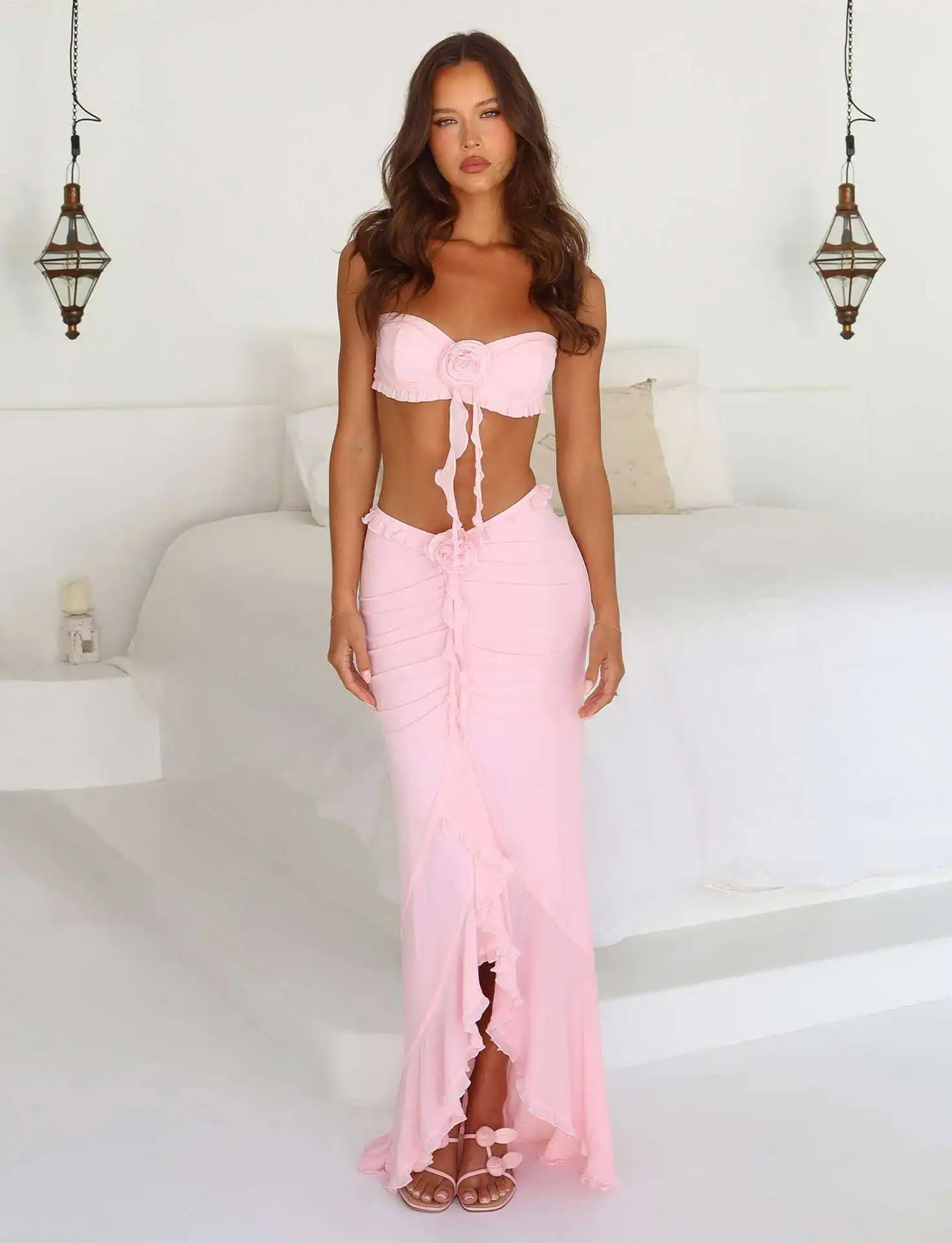 Pink Color Women Sexy Strapless Sexy 2 Pieces Mesh Long Dress Vacation Summer Beach Party Celebrate Girls\' Birthday Dress