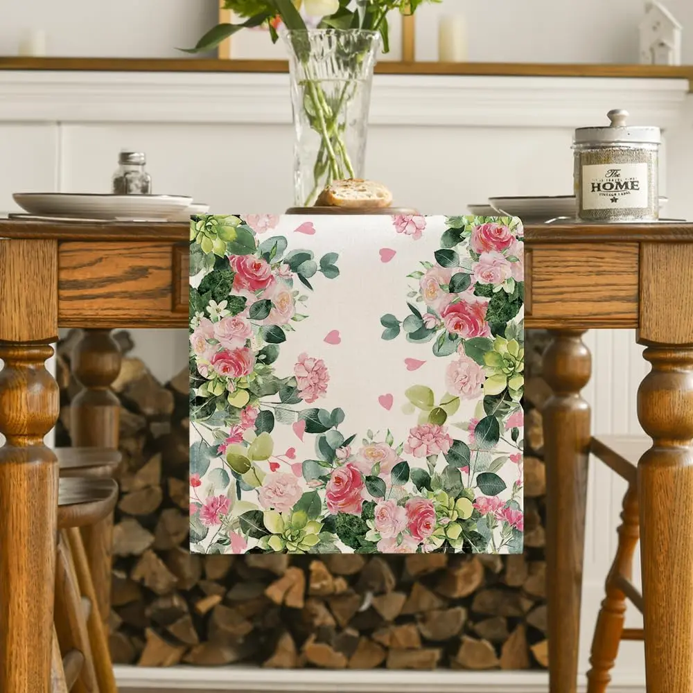 Spring Leaves Pink Flowers Linen Table Runner Holiday Party Decor Farmhouse Kitchen Dining Table Runner Mother's Day Decorations