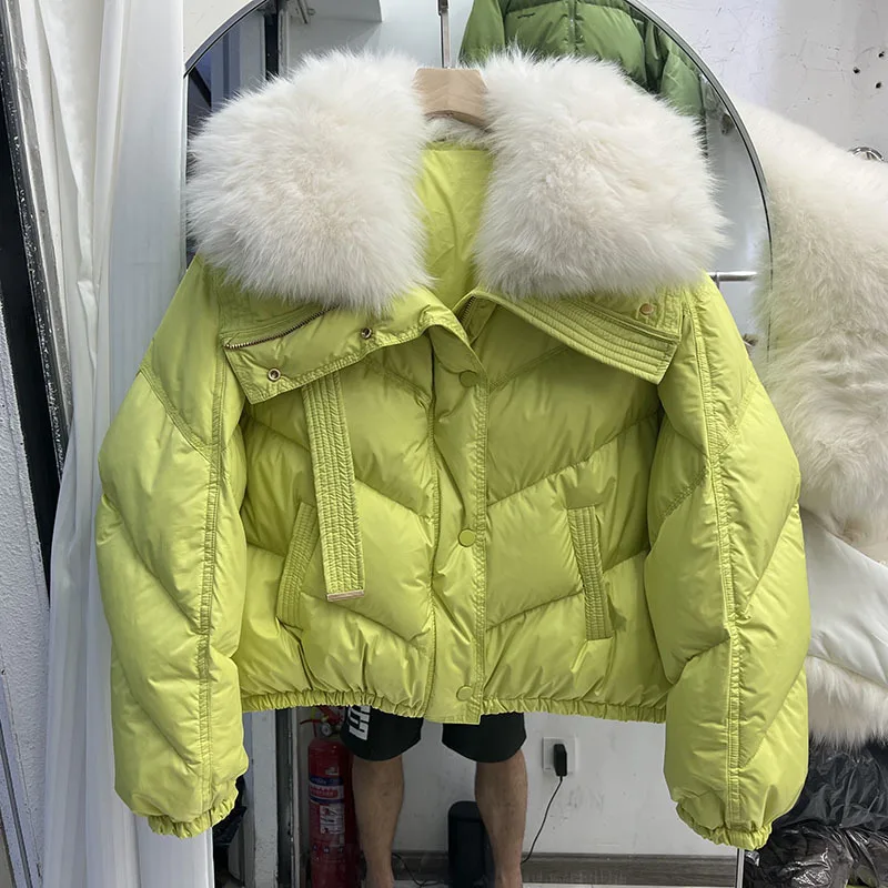 Chaqueta de plumón de pato blanco para mujer, Parka holgada con cuello de piel de zorro Real grande, abrigo corto y cálido para invierno, 2023,